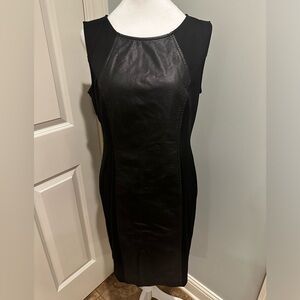 Sheath dress. Leather panel, sleeveless, zipper back. Sz 12